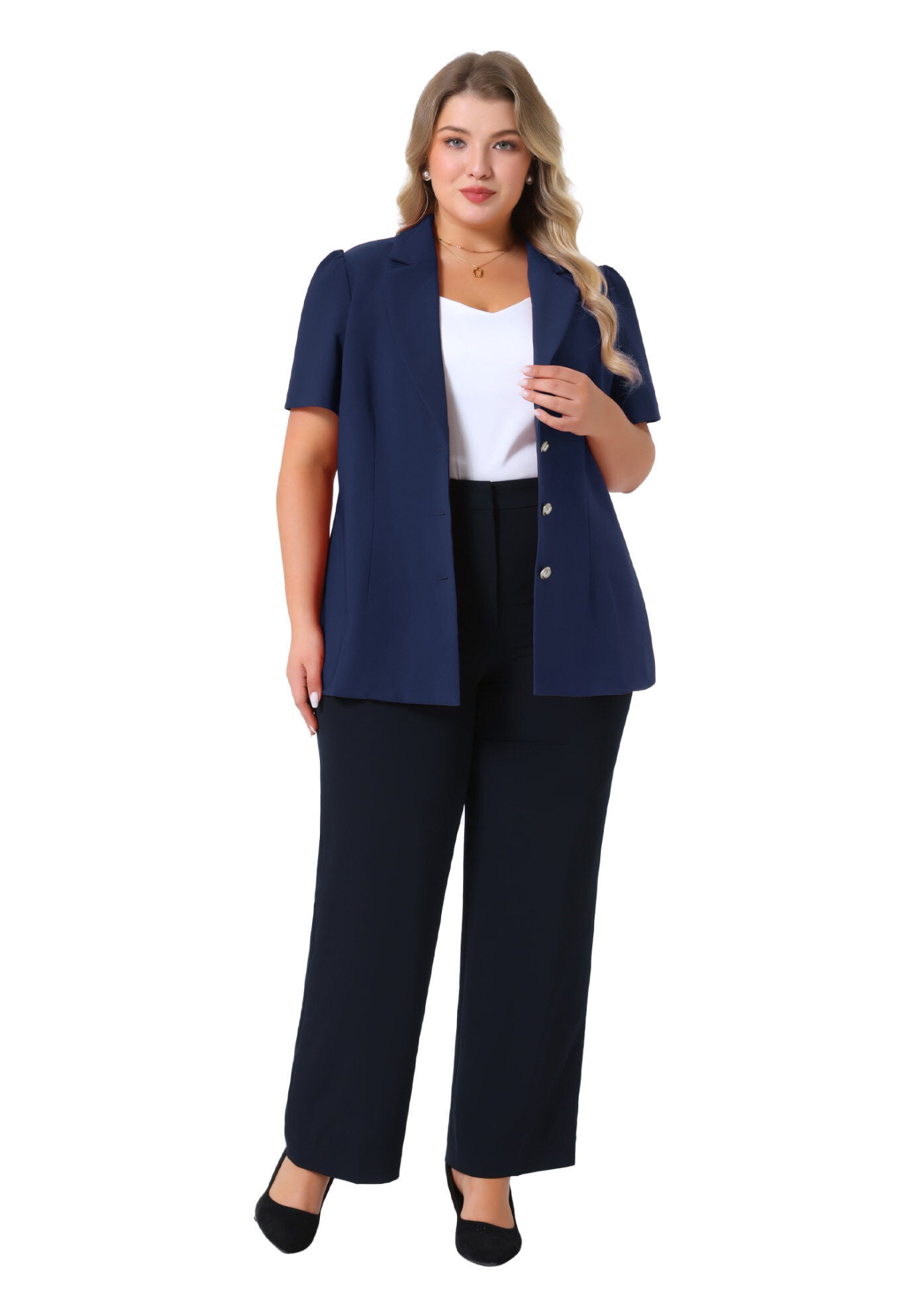 Notched Lapel Short Puff Sleeve Blazer Jackets, Navy Blue / Navy, hi-res image number 0
