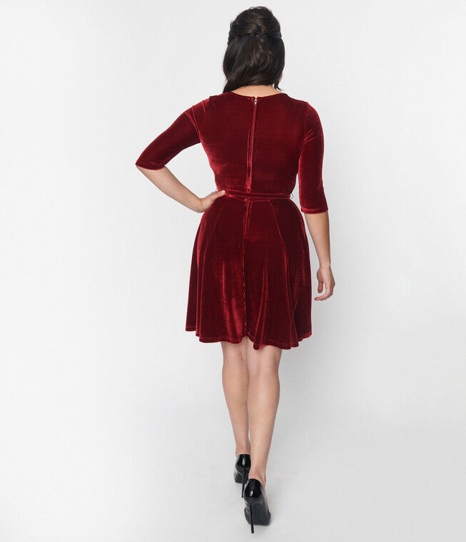 Unique Vintage Burgundy Velvet Stephanie Fit & Flare Dress, Burgundy Velvet / Burgundy, alternate image number null