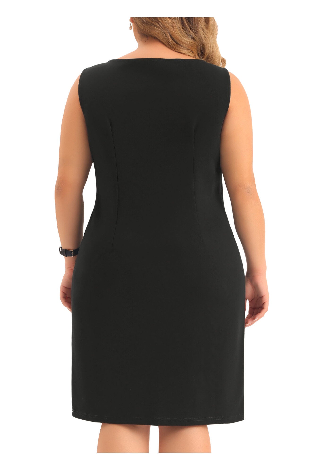 SLEEVELESS BOAT NECK STRAIGHT PENCIL SHEATH DRESS, Black / Black, alternate image number 3