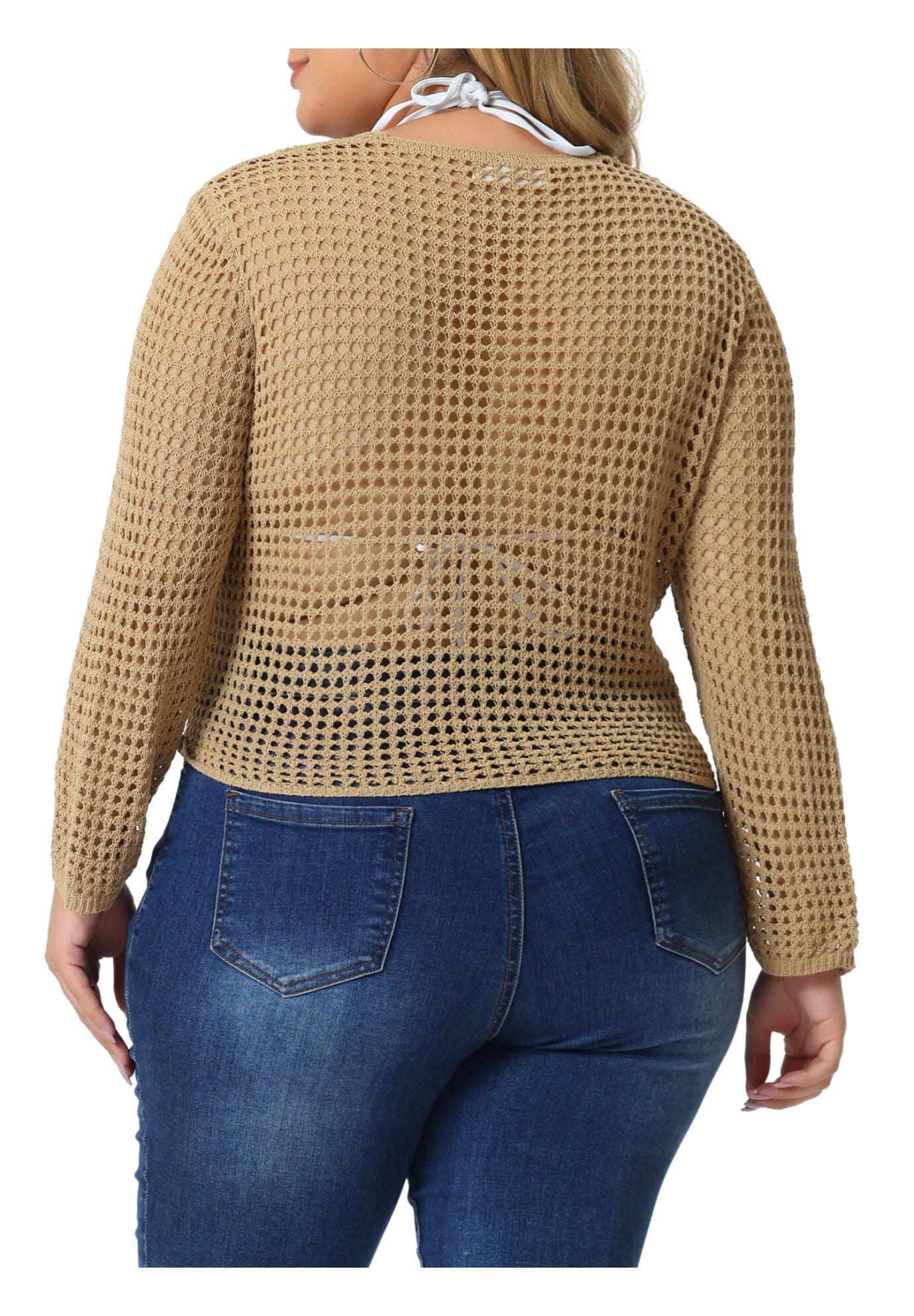 Mesh Crochet Crop Top Hollow Out Knit See Through Cover Up, Light Camel / Brown, alternate image number 3