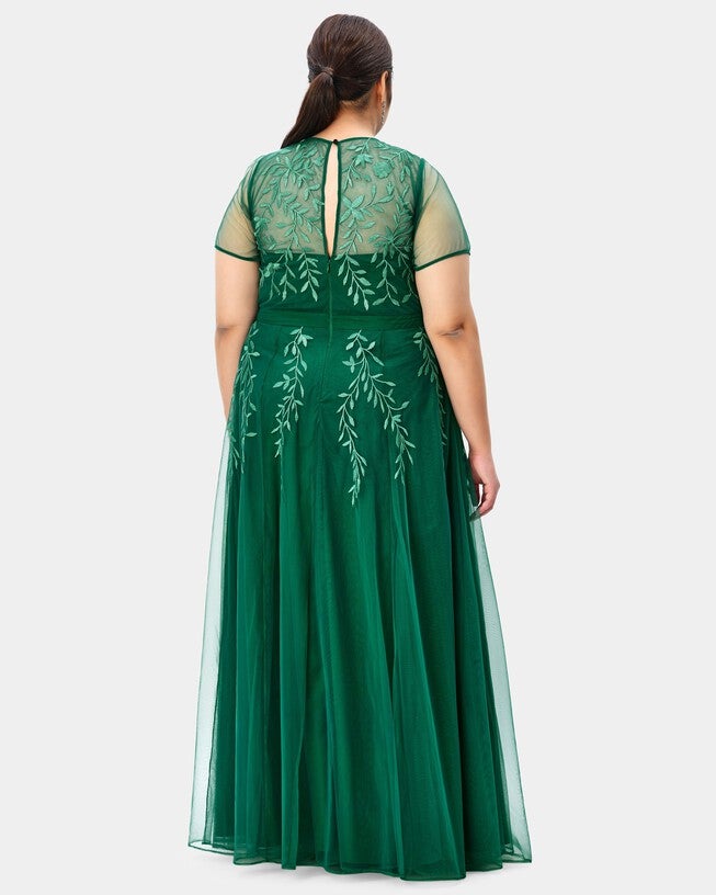 Leafy vine embroidery sheer mesh dress, Green / Forest Green, alternate image number null