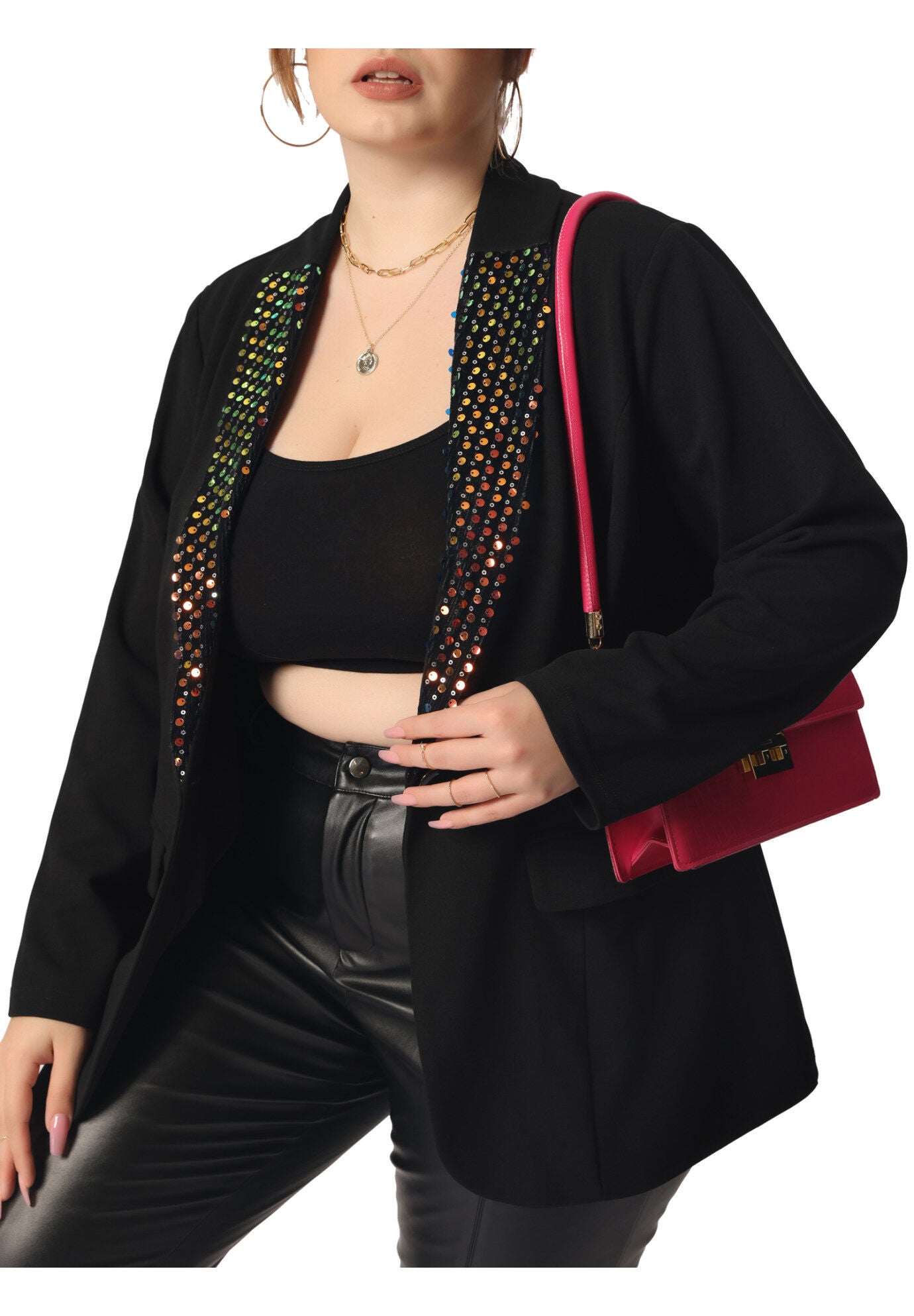 SHINY SEQUIN BUTTON LAPEL CASUAL BLAZER JACKET, Black / Black, alternate image number 4