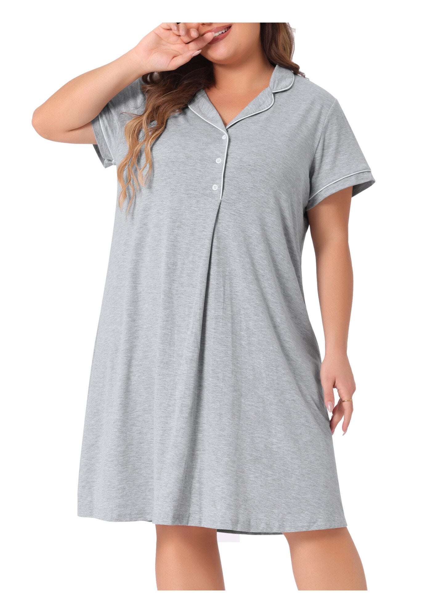 Short Sleeves Pajama Button Down Nightshirt, Gray / Light Grey, alternate image number 1