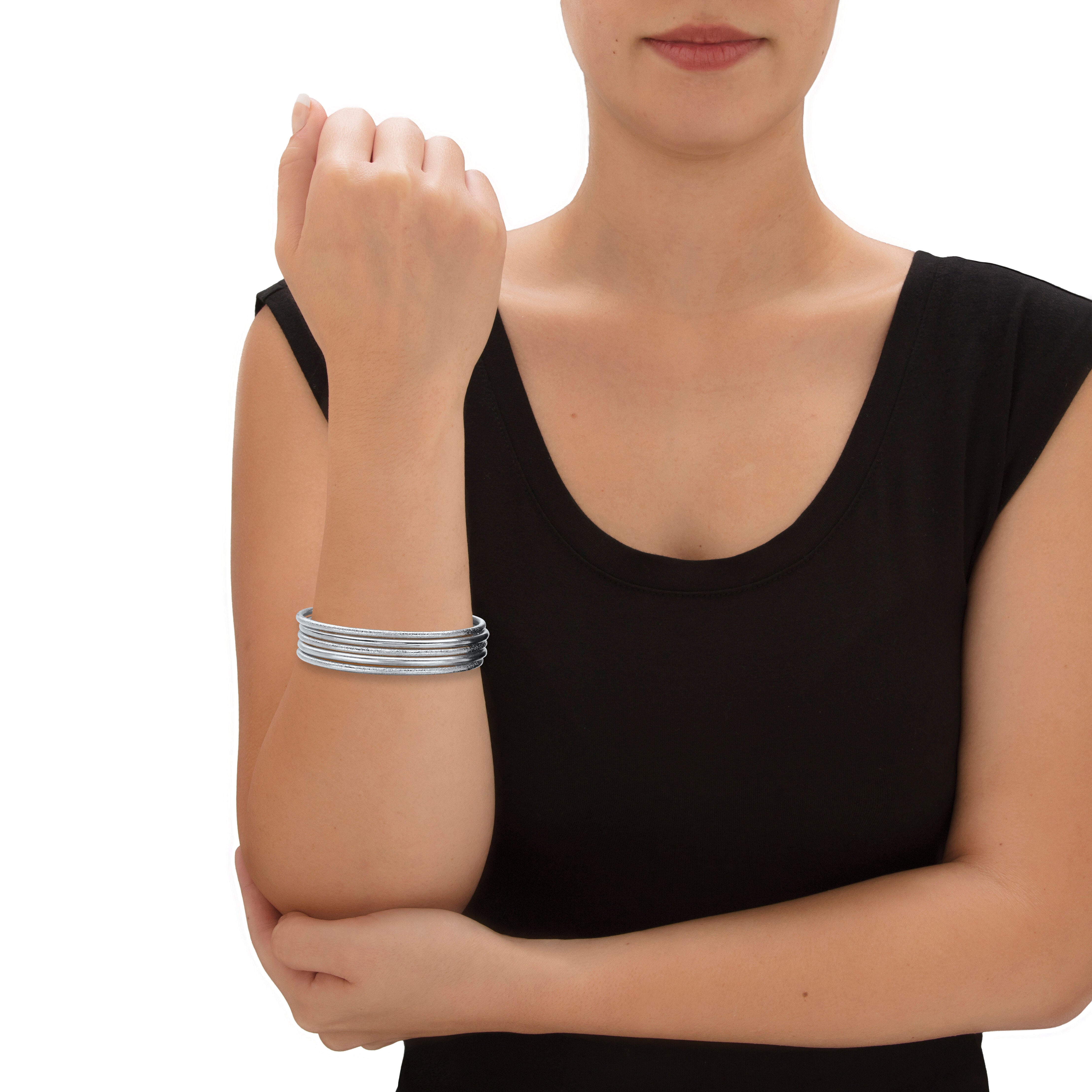 Textured and Polished 5-Piece Bangle Bracelet Set in Silvertone 9 inches, White / White, alternate image number 2