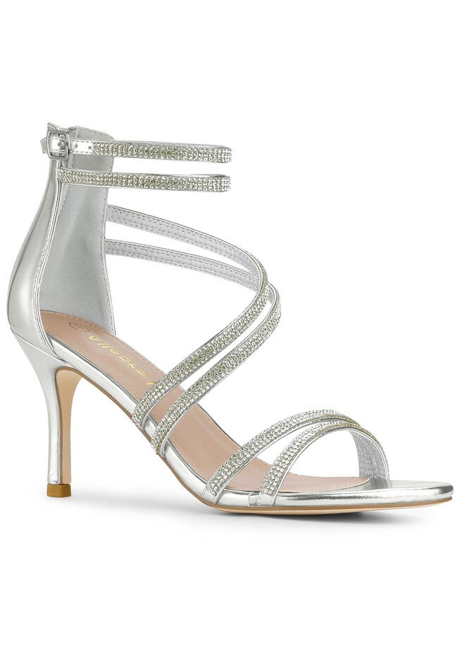 Ankle Strap Rhinestone Stiletto Heels Sandals, Silver / Silver, hi-res image number null