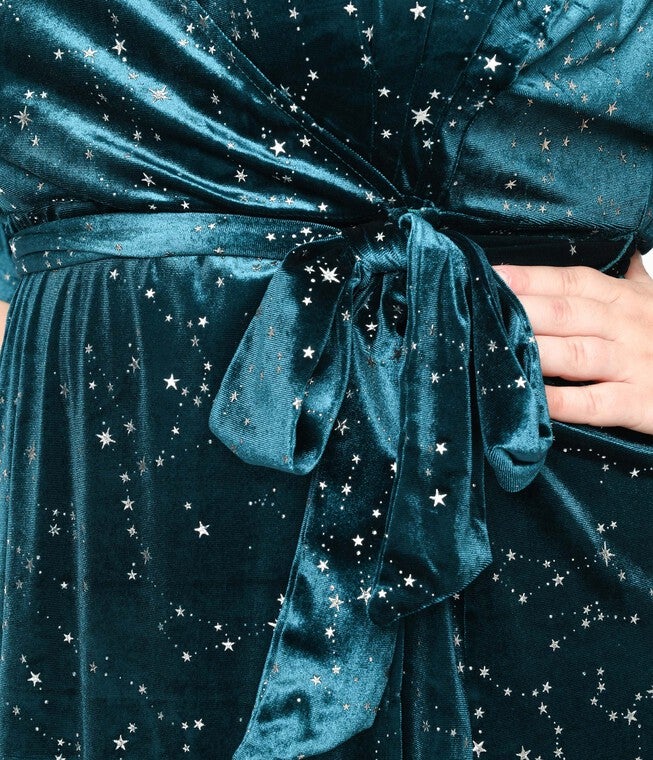 Unique Vintage Teal Velvet & Silver Stars Wrap Midi Dress, Teal Velvet Silver Stars / Teal, alternate image number 3