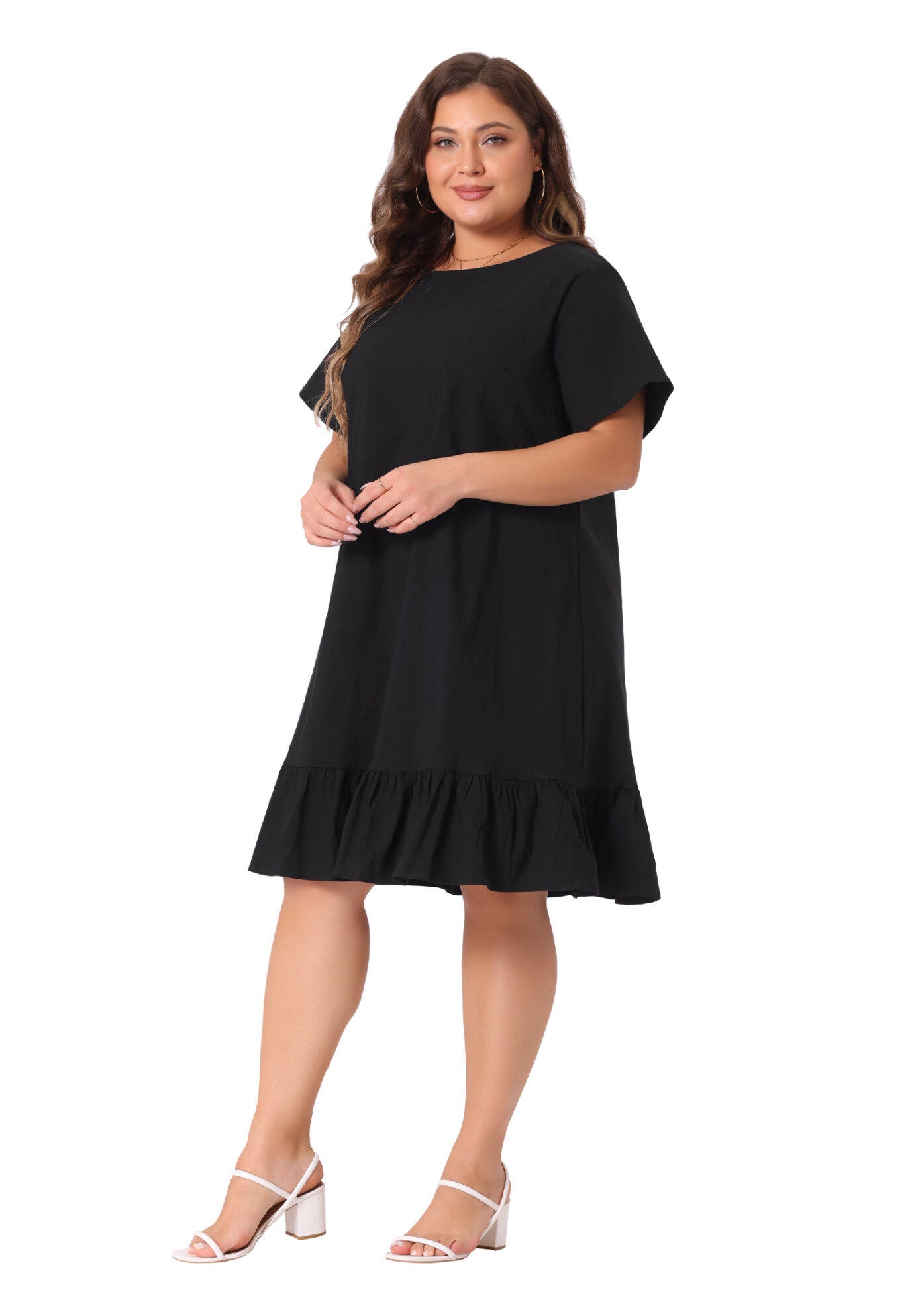 Ruffle Hem Casual Short Sleeve Chambray Dress, Black / Black, hi-res image number 0