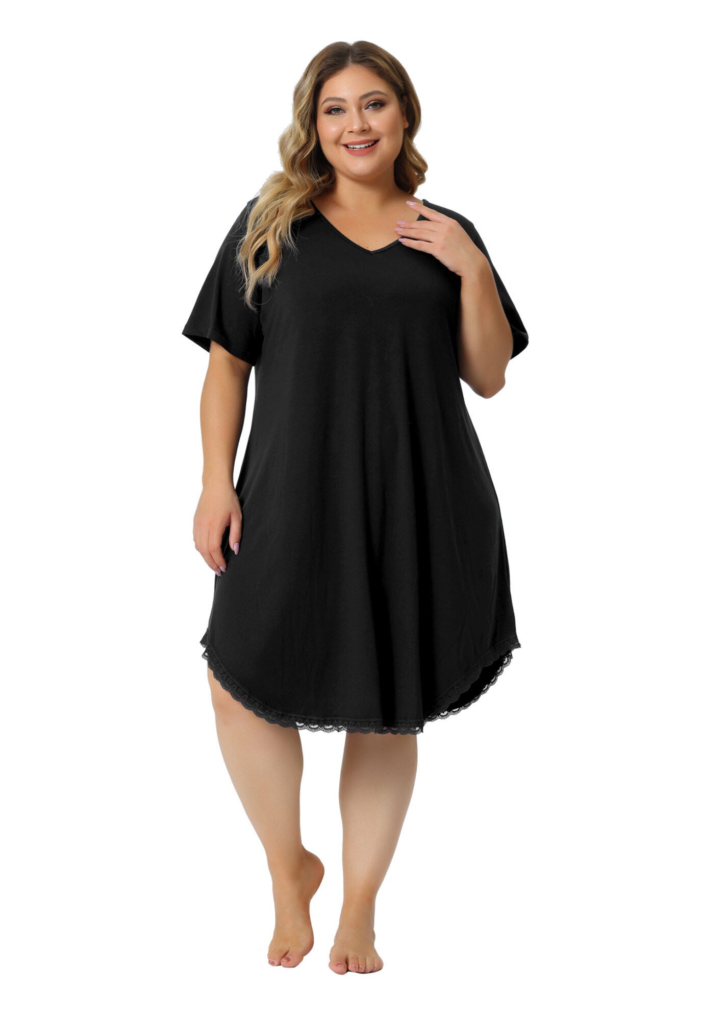 Short Sleeve V Neck Pajama Sleepdress, Black / Black, hi-res image number 0