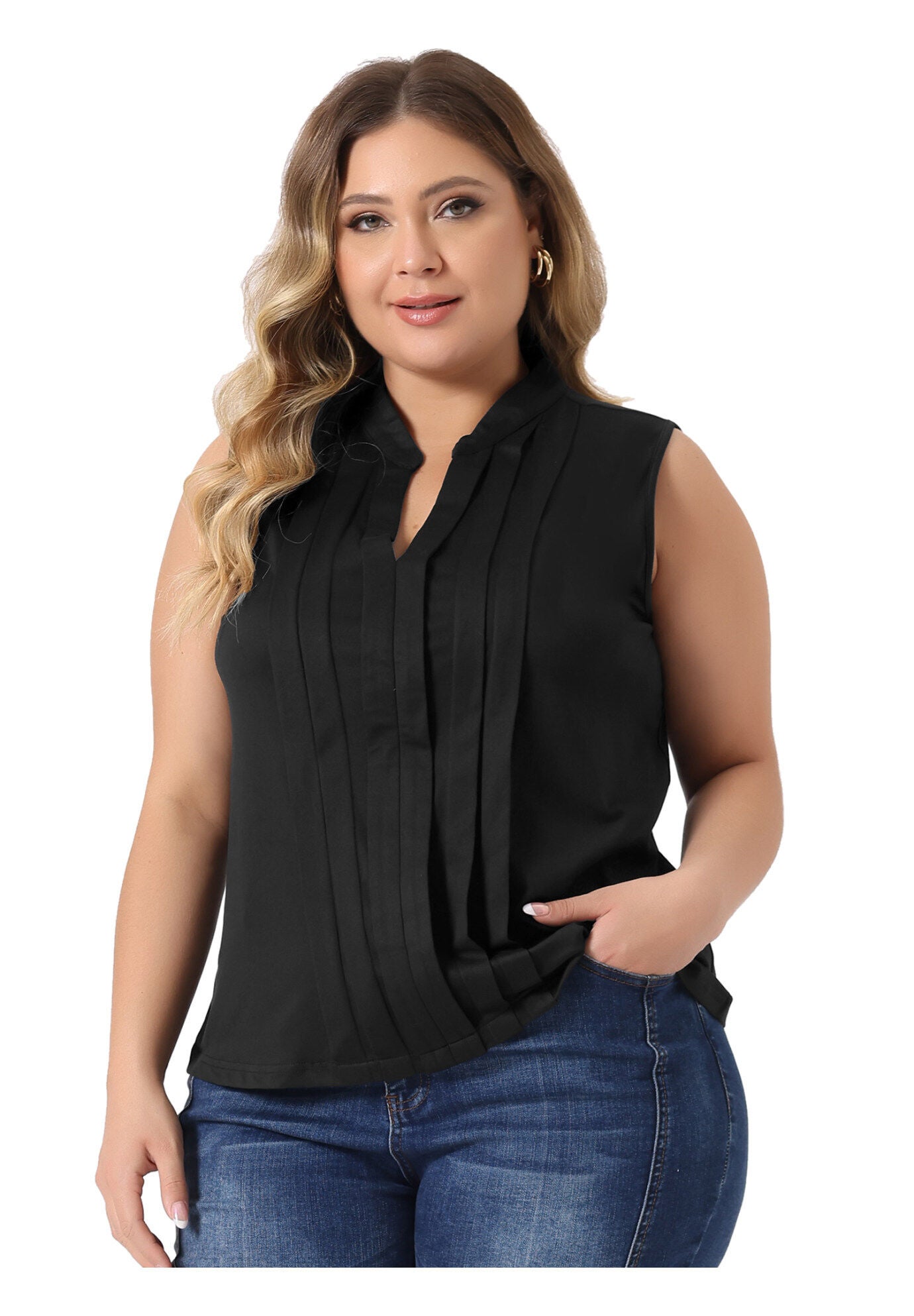 V Neck Sleeveless Pleated Summer Blouse Vest, Black / Black, alternate image number 1