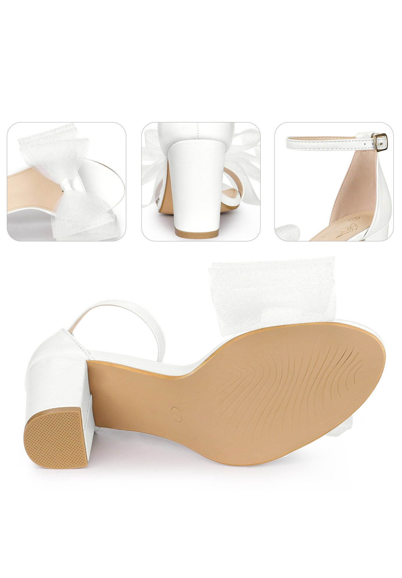 Bow Tie Ankle Strap Chunky High Heels Sandals, White / White, alternate image number 3