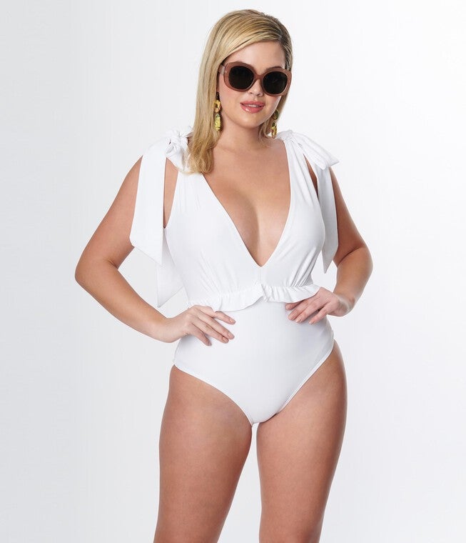 White Plunge One Piece Swimsuit, White / White, alternate image number null