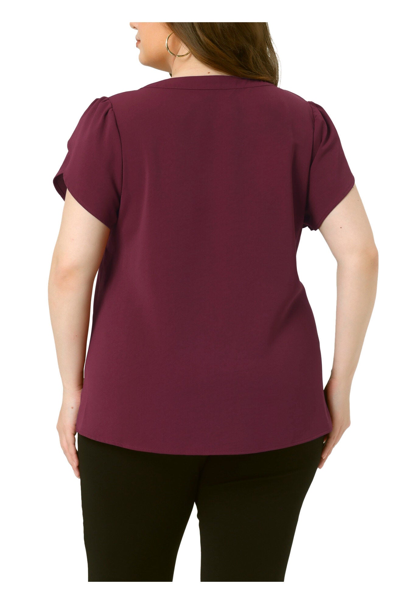 Notched V Neck Short Petal Sleeve Shirt Top, Burgundy / Burgundy, alternate image number 3
