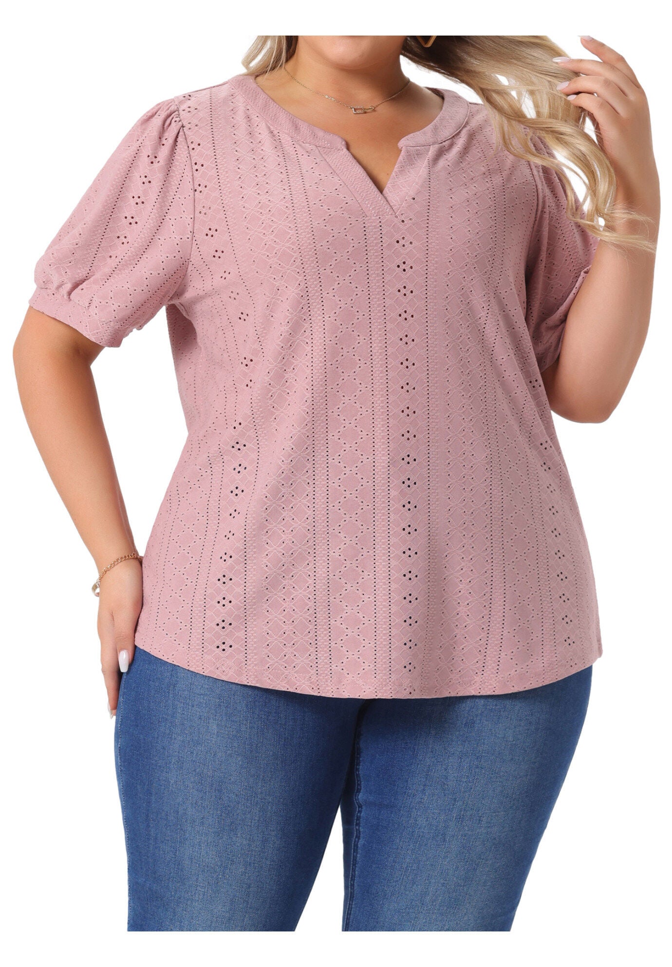 Hollow Casual V Neck Short Sleeve Summer Blouse, Pink / Pink, alternate image number 1