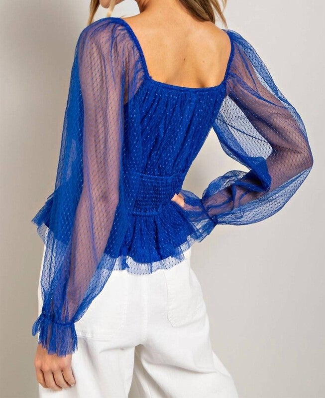 V NECK MESH DOT SLEEVE BLOUSE IN ROYAL BLUE, , alternate image number null