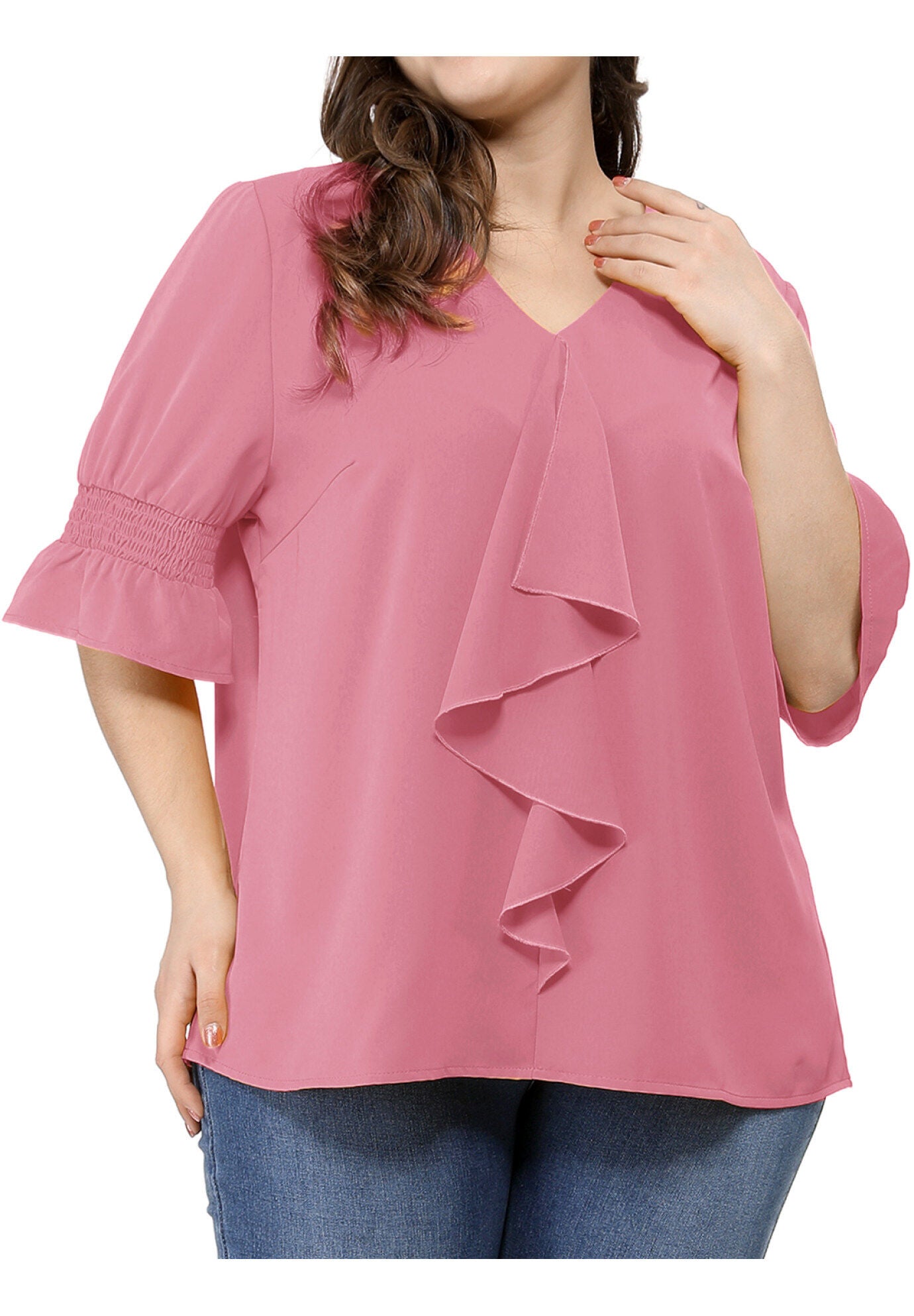 Ruffle Blouse V Neck Smocked Sleeves Top, Pink / Pink, alternate image number 1
