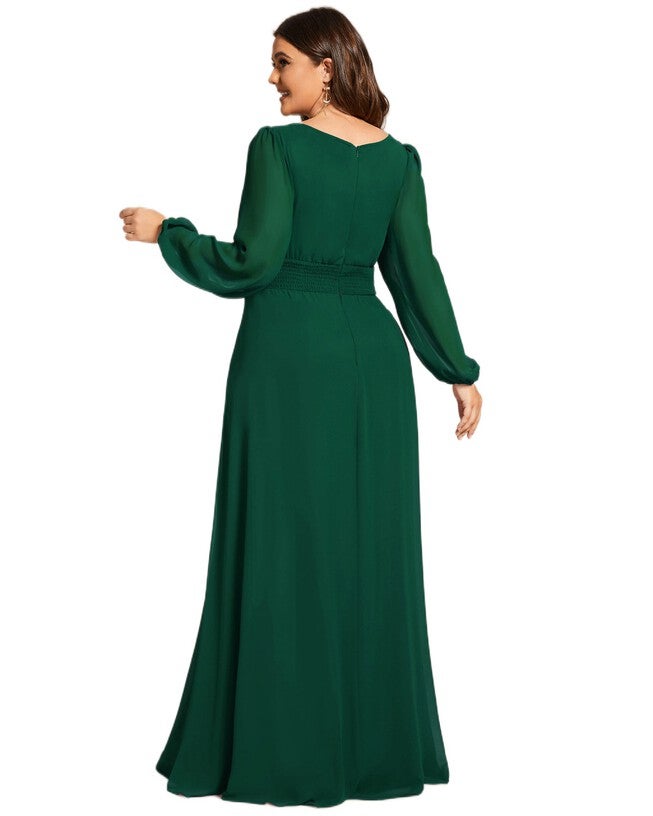 Chiffon High Empire Waist Puff Sleeve Mother Dress, Dark Green / Forest Green, alternate image number null