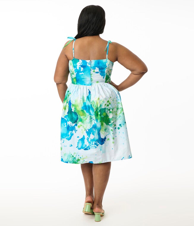 Unique Vintage Plus Size Earth Map Print Cotton Bobbie Swing Dress, Light Blue / Light Blue, alternate image number 2