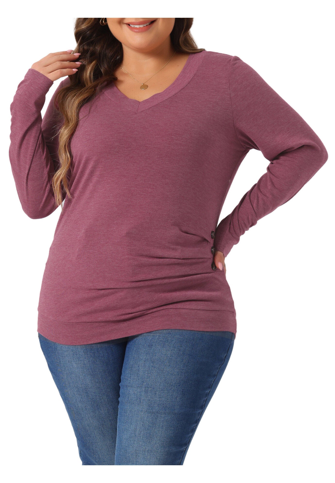 V Neck Long Sleeve Buttons Decor Ruched Casual Blouse Tunic Top, Purple Red / Purple, alternate image number 1