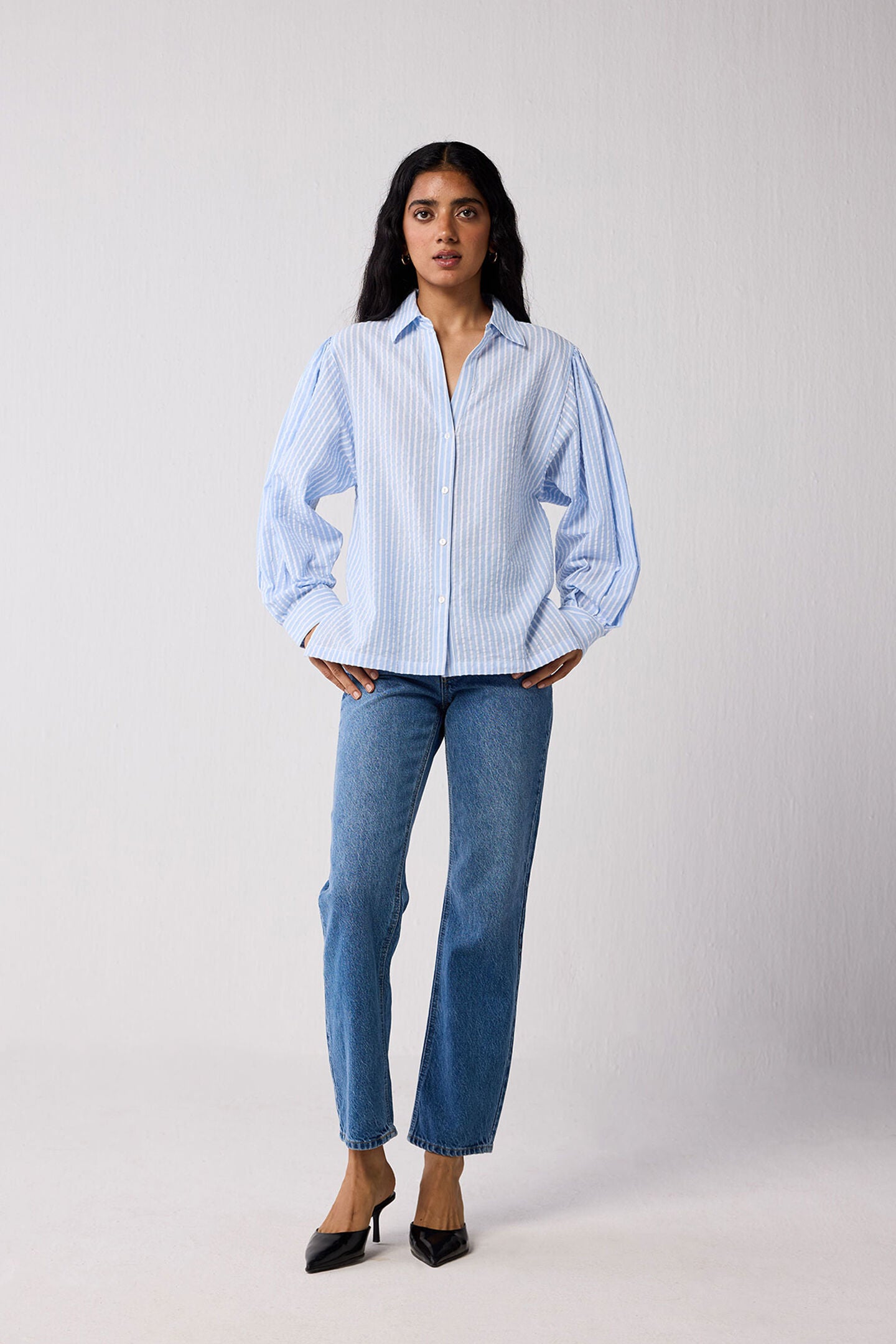 Striped Shirt with Long Balloon Sleeves in Blue, Cloudline / Light Blue, hi-res image number 0