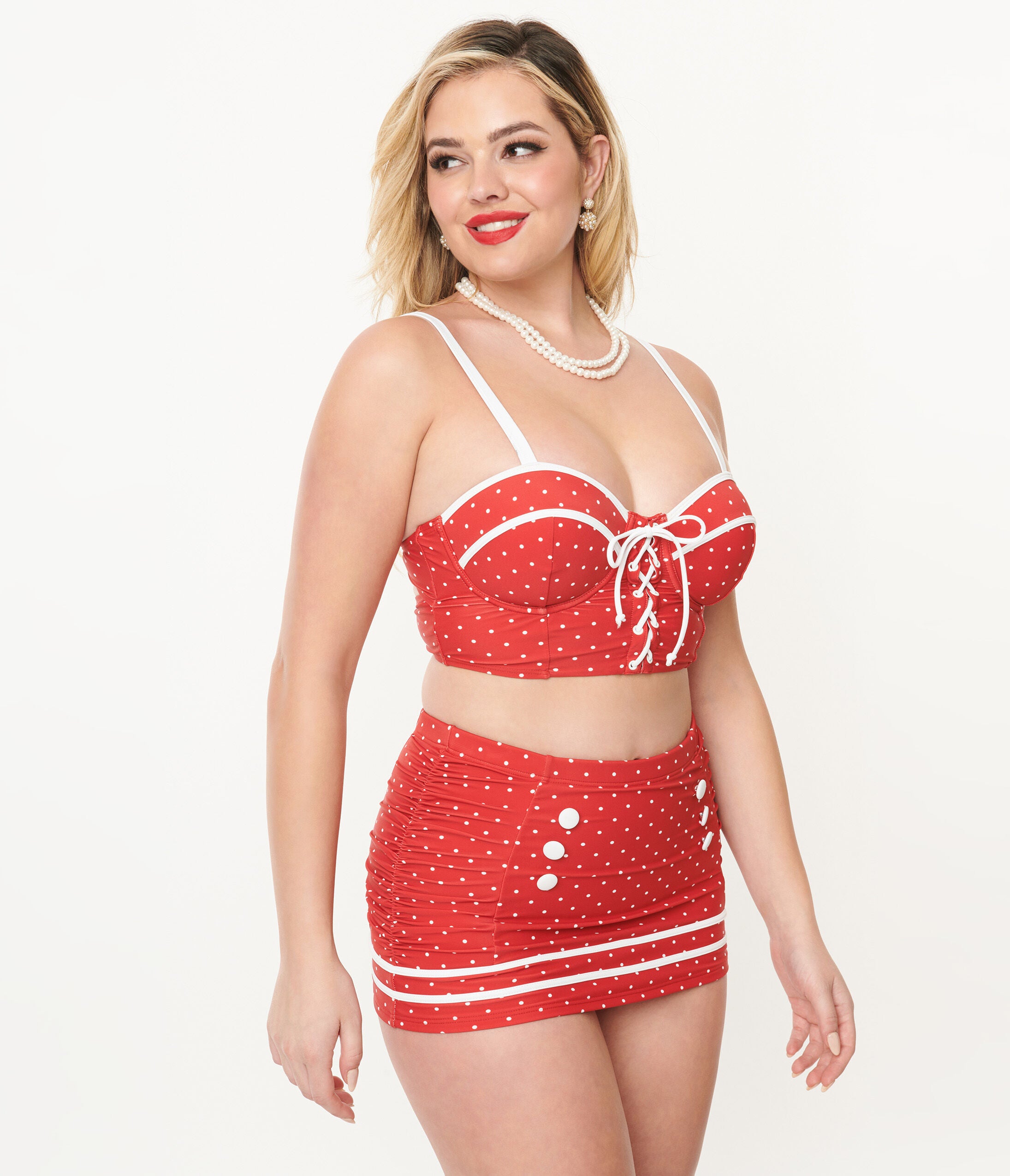 Unique Vintage Red Pin Dot Lace Up Swim Top, , alternate image number 6