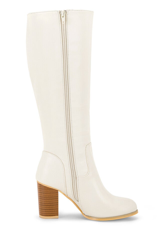 Round Toe Stacked Block Heels Knee High Boots, Cream / Cream, alternate image number 3