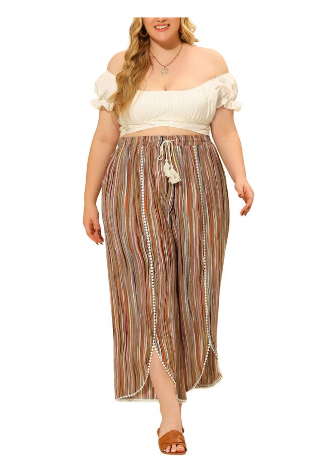 SPLIT ELASTIC WAIST FLOWY STRIPED WIDE LEG PANTS, Brown / Brown, alternate image number 1