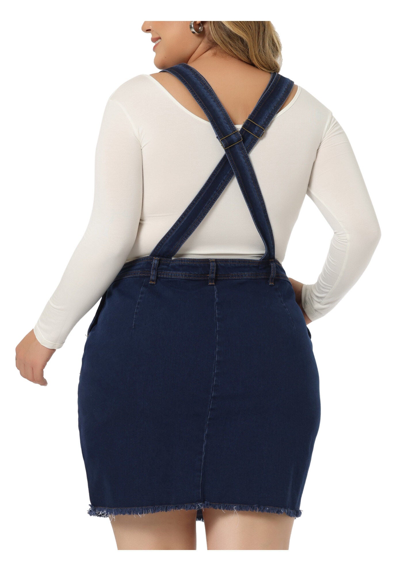 ADJUSTABLE STRAP DISTRESSED DENIM SUSPENDER SKIRT OVERALL DRESS, Dark Blue / Navy, alternate image number 3