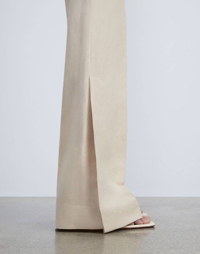 SILK-LINEN GATES SIDE SLIT FLARED PANT IN DUNE, , alternate image number null