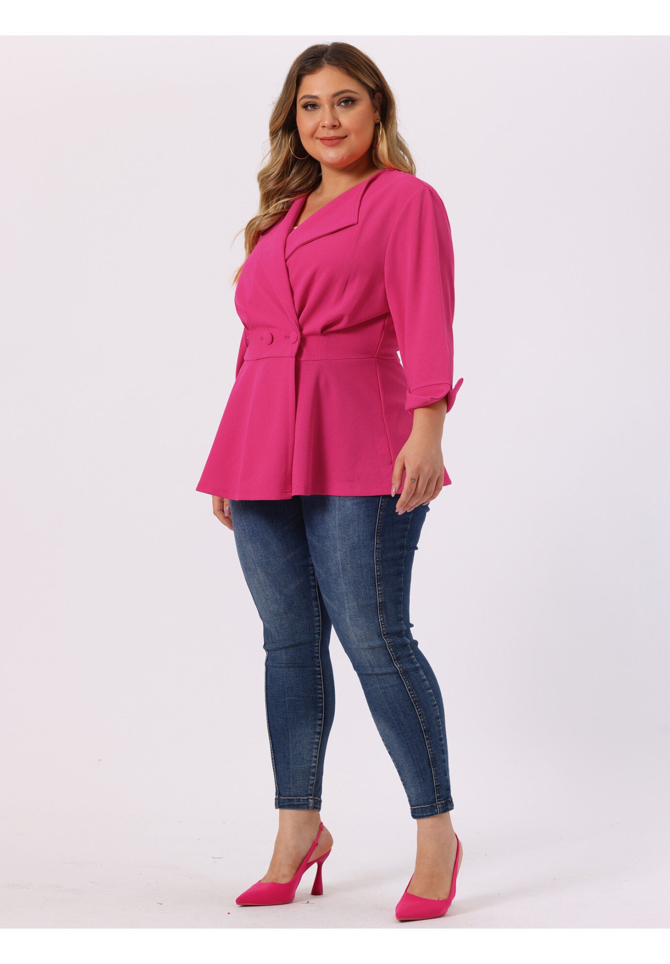 NOTCHED LAPEL PEPLUM JACKET SUIT BLAZER, Hot Pink / Deep Fuchsia, hi-res image number 0