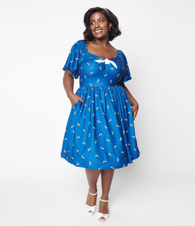 Unique Vintage Curve Blue Bee Print Swing Dress, , alternate image number null