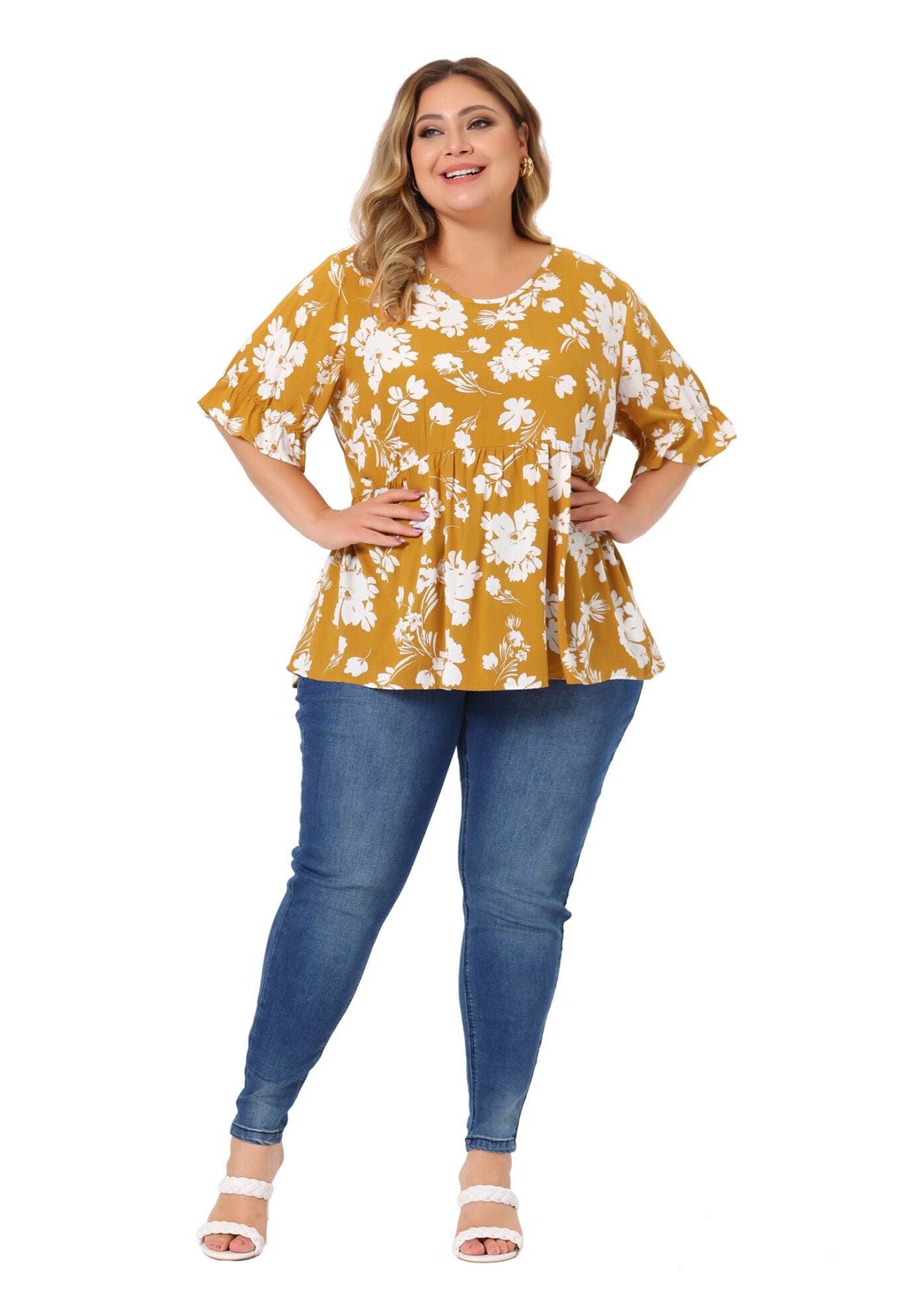 Floral Peplum Top V Neck Ruffle Short Sleeve Babydoll Blouse, Yellow / Yellow, hi-res image number 0