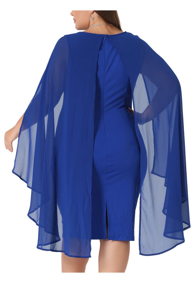 Chiffon Cape Sleeve Bodycon Pencil Cocktail Dress, Blue / Royal Blue, alternate image number null