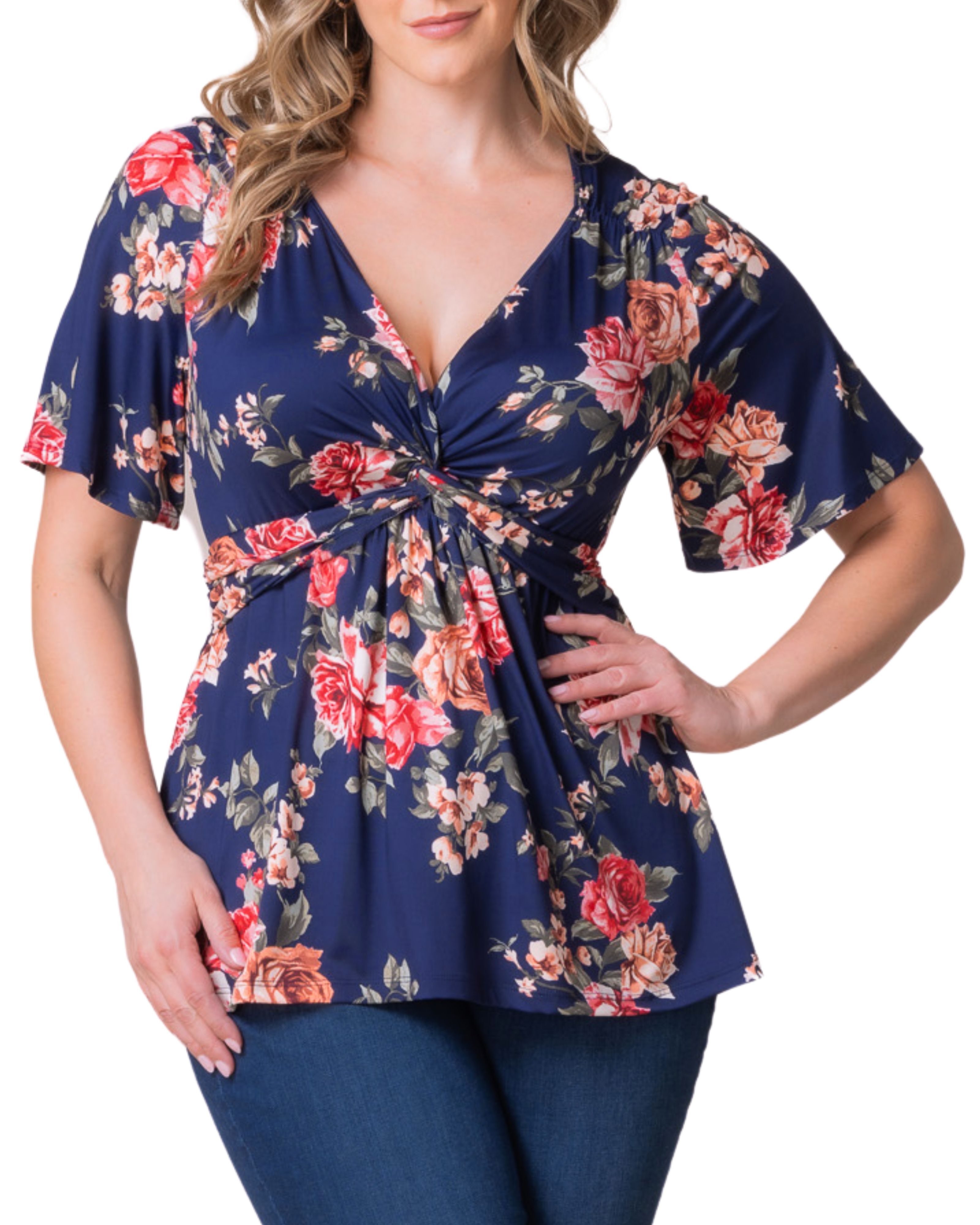 Abby Twist Front Top, COMING UP ROSES / Navy, hi-res image number 0