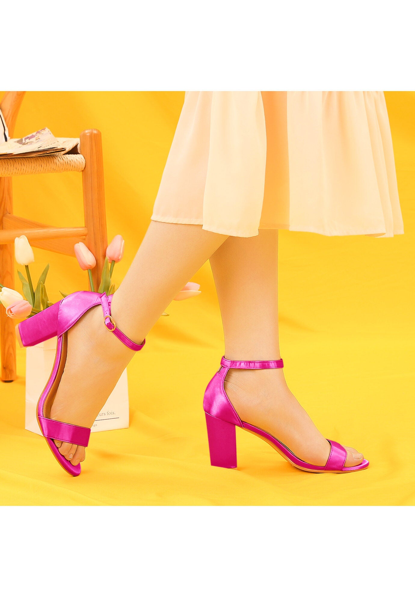 Satin Open Toe Ankle Strap Chunky Heels Sandals, Fuchsia / Deep Fuchsia, alternate image number 1