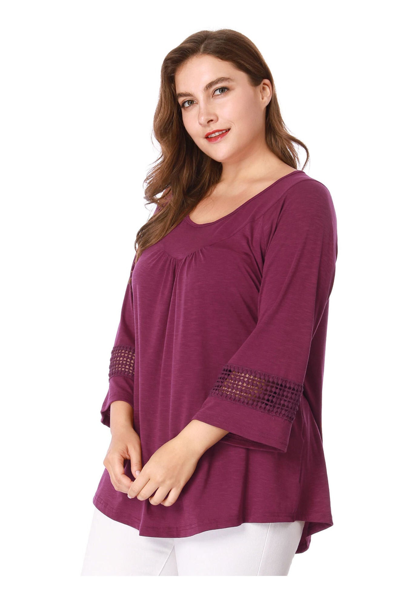 CROCHET PANEL HOLLOW OUT PLEATED TUNICS BLOUSE TOP, Purple / Purple, hi-res image number 0
