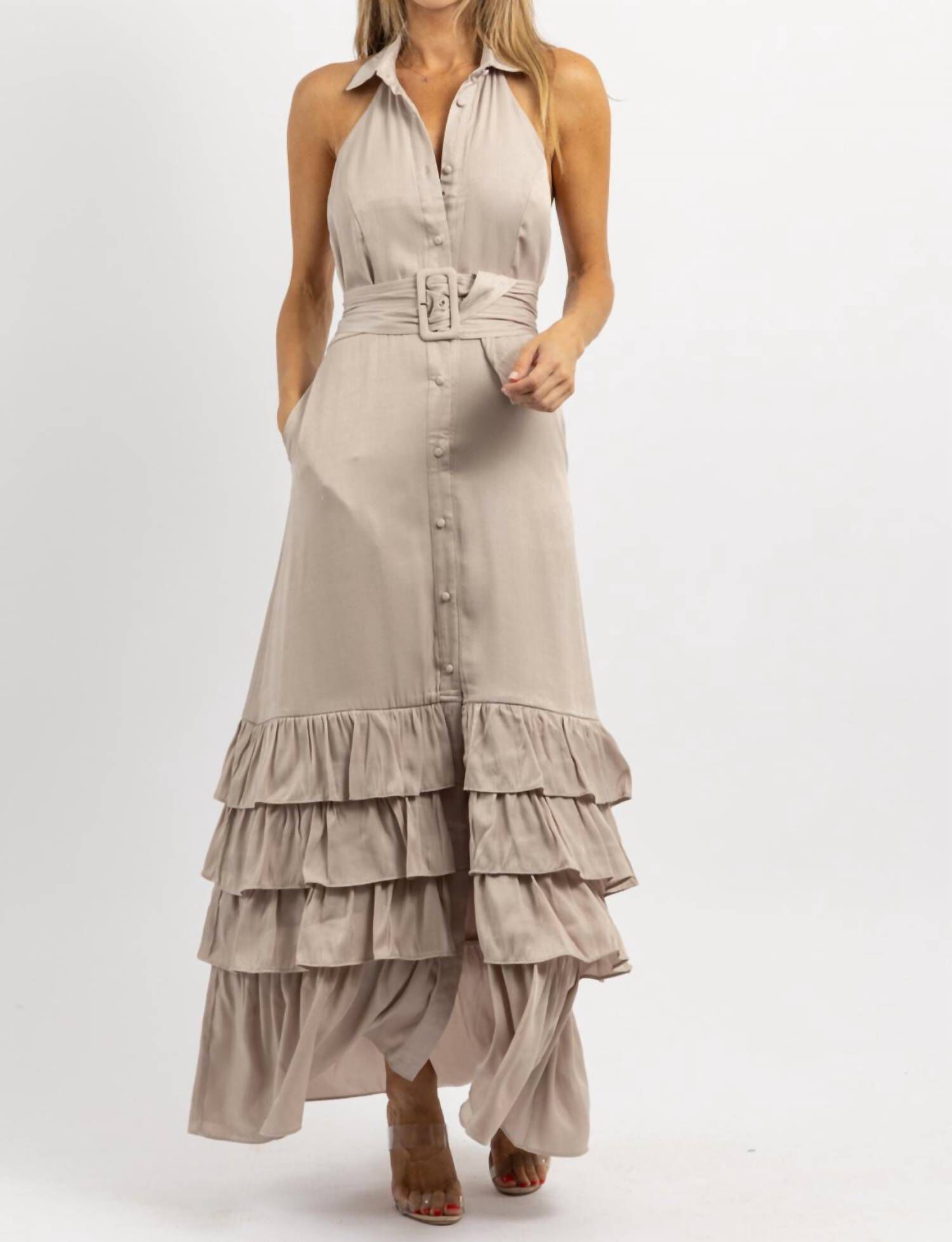 ELEANOR BELTED MAXI DRESS IN BEIGE, , alternate image number 8