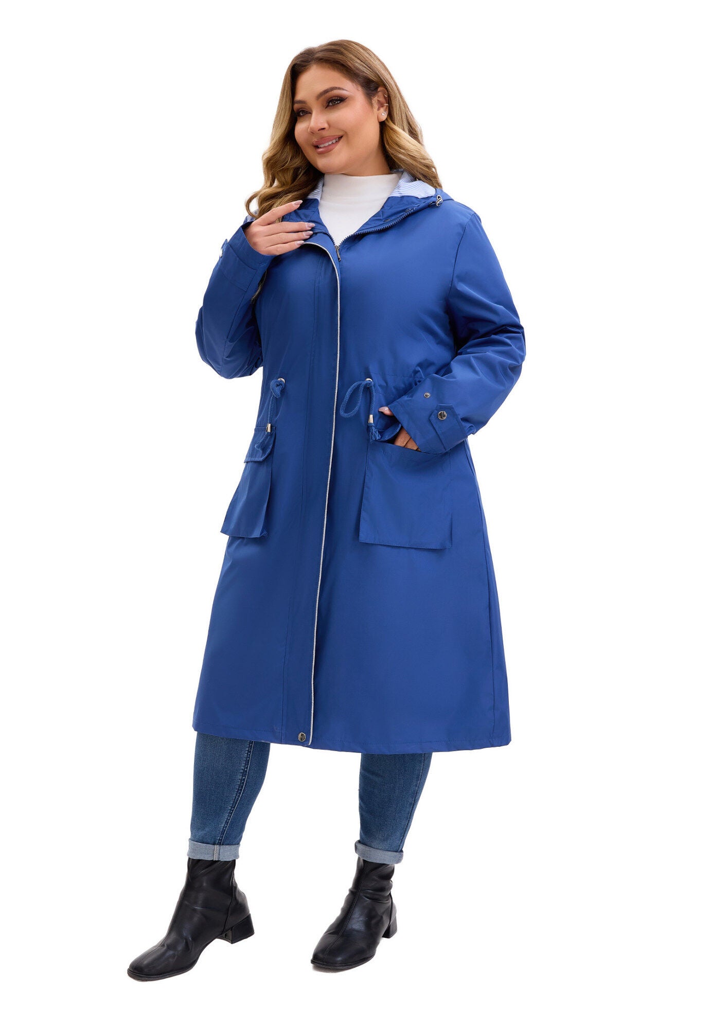 Drawstring Waist Zipper Waterproof Rain Windbreaker Jacket, Navy Blue / Azure Blue, alternate image number 1