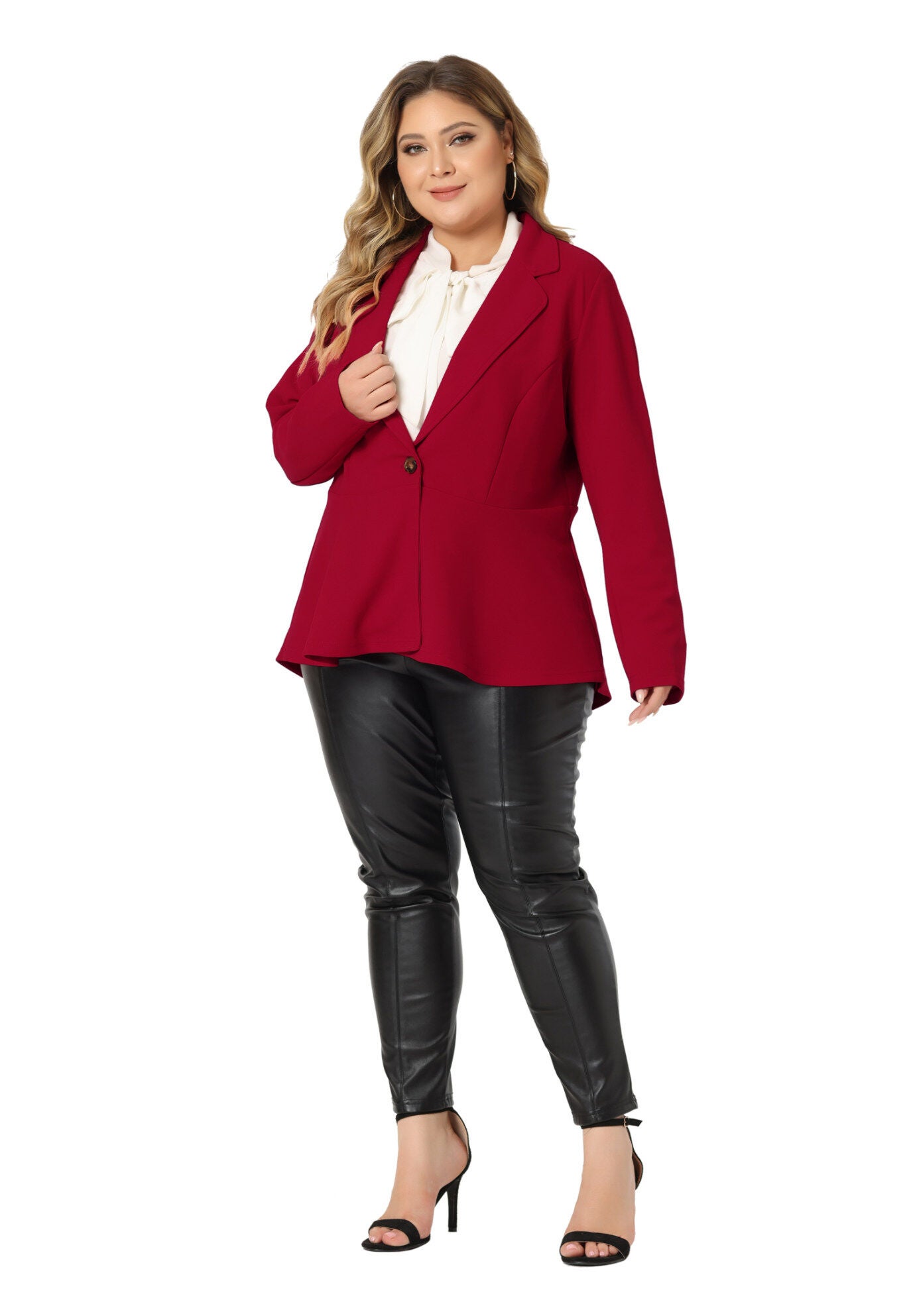 RUFFLE V NECK BUTTON NOTCH PANEL PEPLUM BLAZER, Red / Red, hi-res image number 0