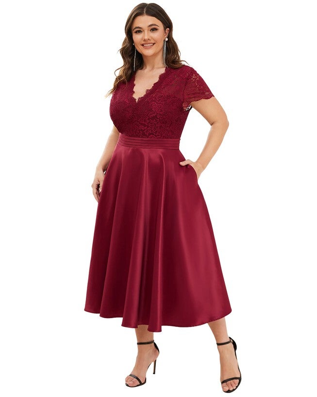Lace Cap Sleeve V neck Cocktail Dress, Burgundy / Burgundy, alternate image number null