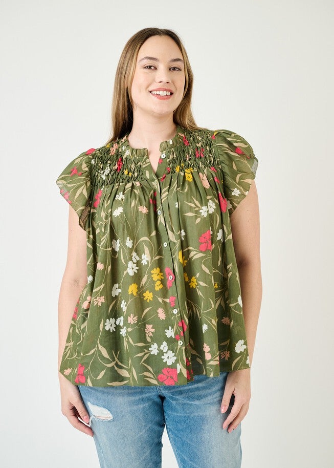 Marissa Smocked Floral Top, N686 GREEN / Light Green, alternate image number 3