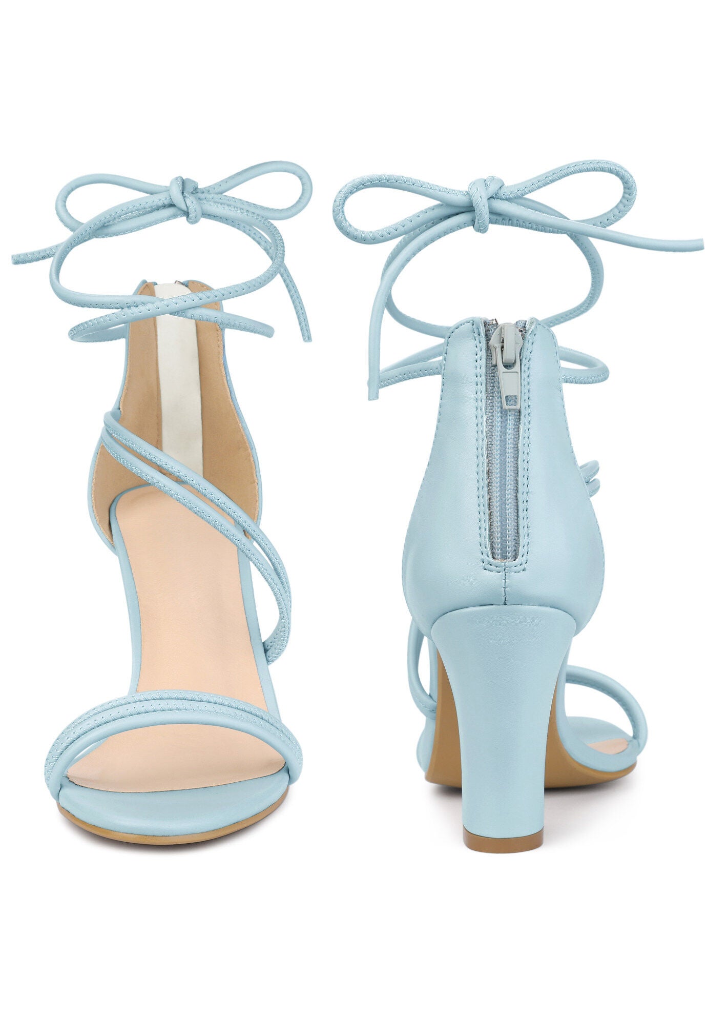 Open Toe Strappy Lace Up Chunky Heel Sandals, Sky Blue / Light Blue, alternate image number 1