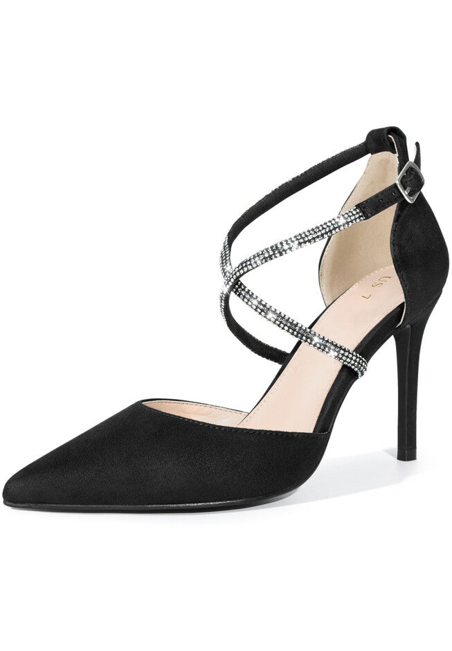 Pointed Toe Crisscross Rhinestone Stiletto Heel Pumps, Black / Black, hi-res image number 0