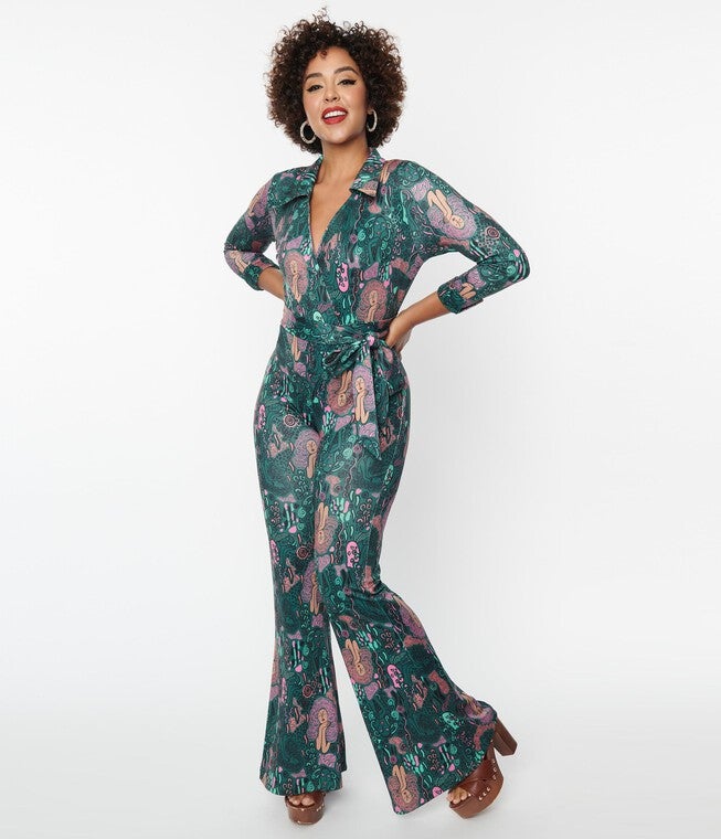 Unique Vintage Green & Pink Mannequin Doodle Print Jumpsuit, Green / Forest Green, hi-res image number 0
