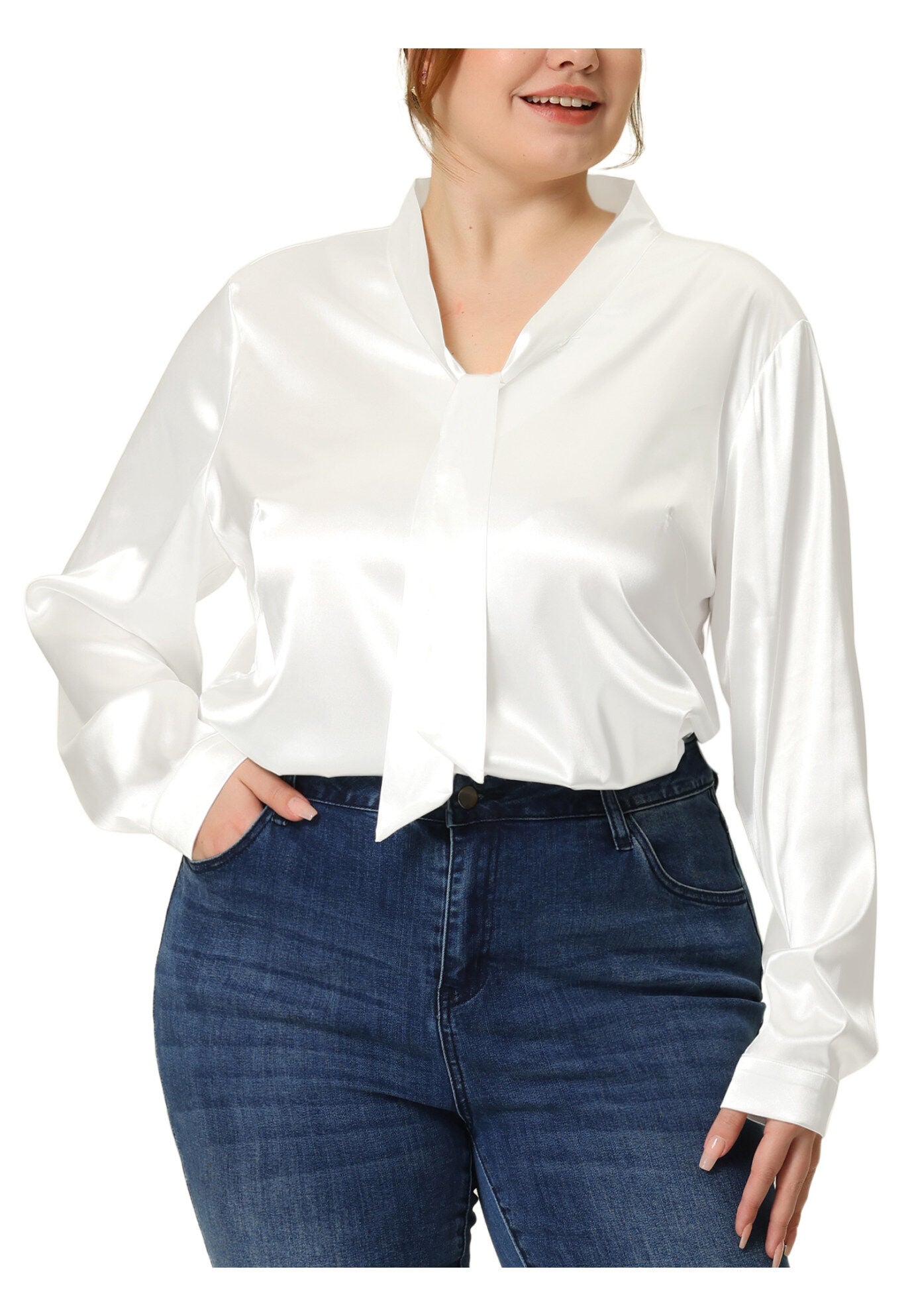Tie Neck Satin Top Blouse, White / White, alternate image number 2