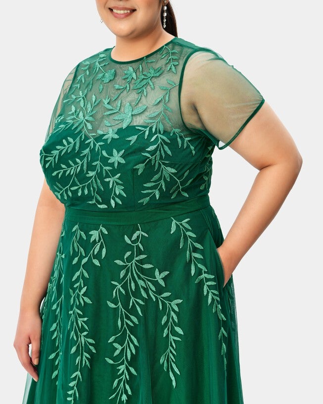 Leafy vine embroidery sheer mesh dress, Green / Forest Green, alternate image number null