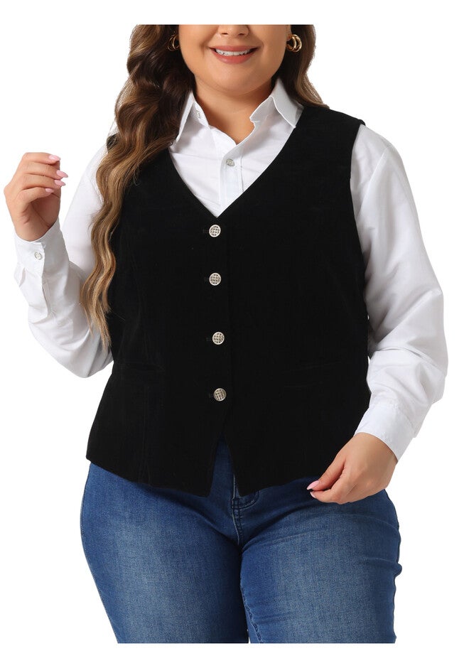 Velvet Button Down V Neck Suit Vest Waistcoat, Black / Black, alternate image number 2
