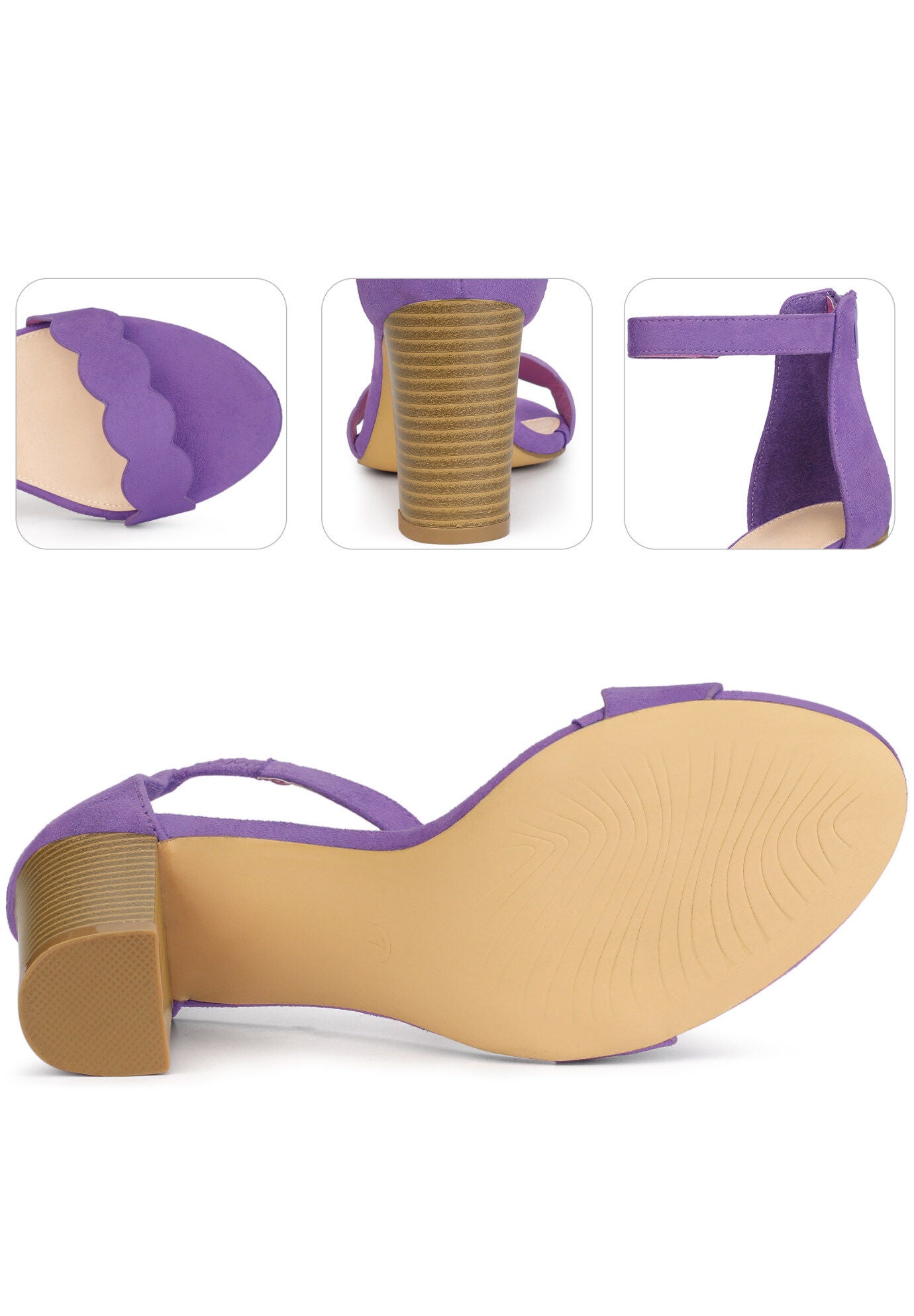 Scalloped Heel Ankle Strap Chunky Heels Sandals, Purple / Purple, alternate image number 3