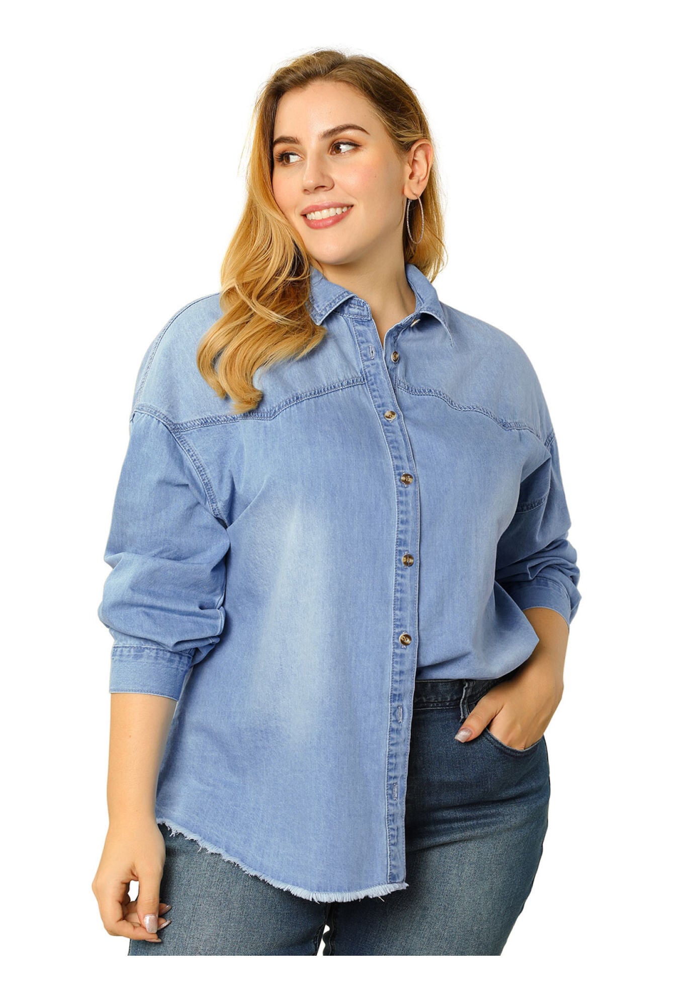 Button Down Shirt Cotton Denim Jacket, Light Blue / Light Blue, alternate image number 2