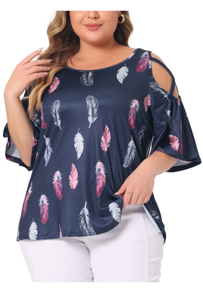 Cold Shoulder Feather Print Round Neck Summer Top, Navy Blue / Navy, alternate image number 1