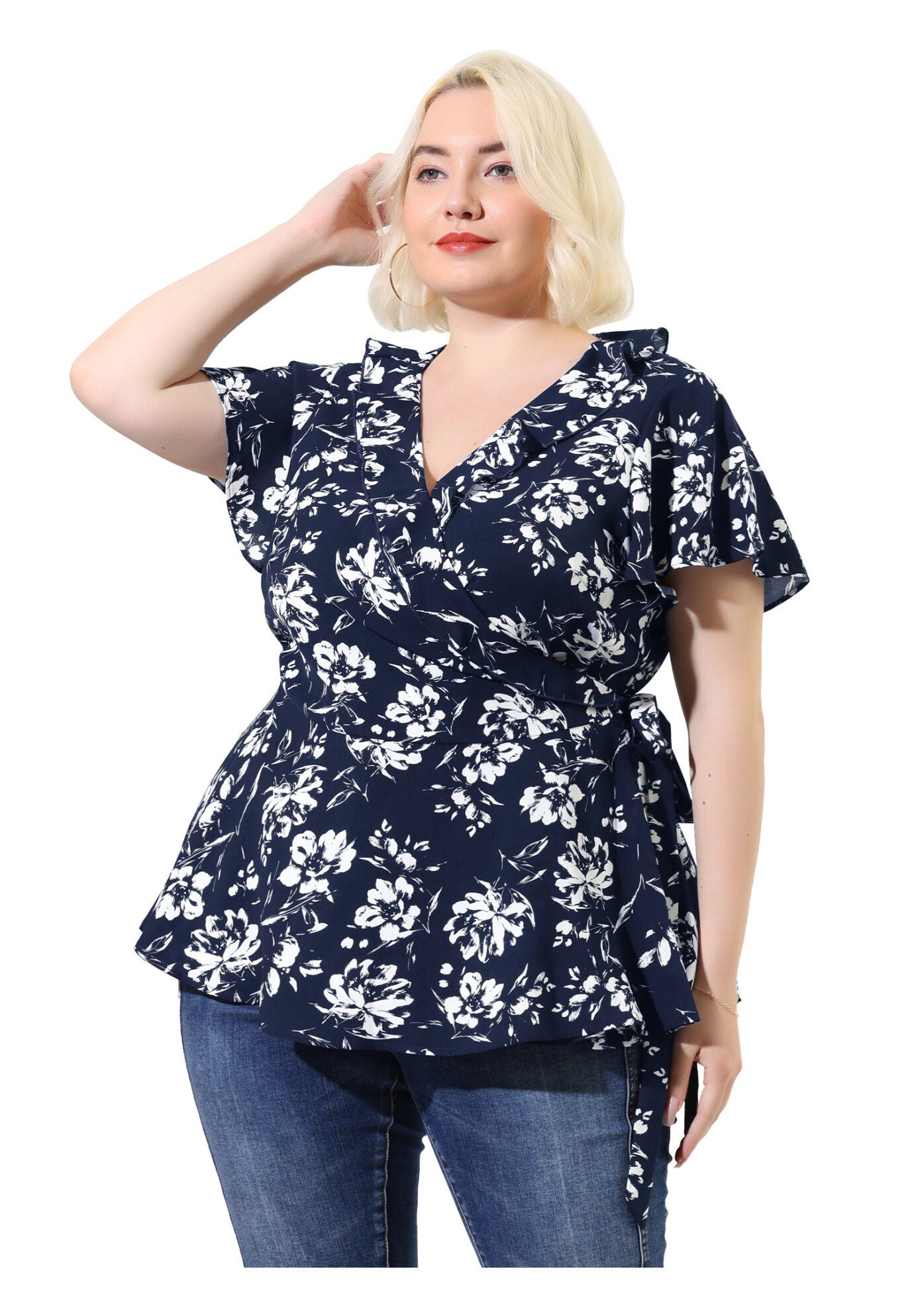 Wrap V Neck Tie Waist Ruffle Sleeve Blouse Summer Floral Top, Navy Blue / Navy, alternate image number 1